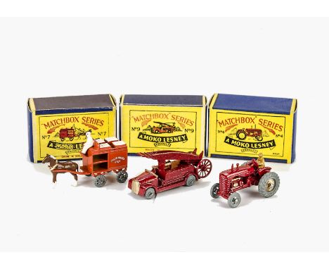 A Matchbox 1-75 Series No.9a Dennis Fire Escape, red body, no front bumper, MW, No.7a Horse Drawn Milk Float, orange body, wh