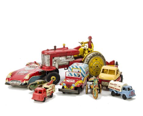 Various 1960s Tinplate Toys: Brimtoy large scale low loader, Pocketoy Refuse Wagon and Breakdown Crane, Friction Drive Vehicl