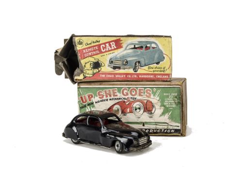 Chad Valley Car and Golden Gate Elevator: Chad Valley remote control c/w black tin car with key and rubber control, in origin