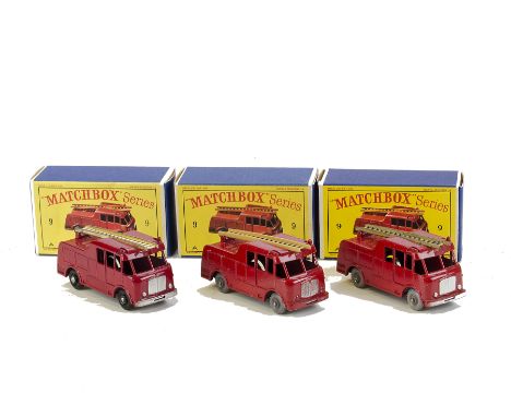 Matchbox 1-75 Series No.9c Merryweather Marquis, three examples, first red body, gold ladder, BPW, second tan ladder, GPW, th
