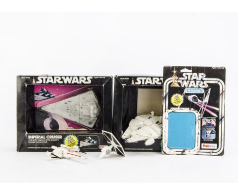 Vintage Star Wars Palitoy Diecast Vehicles, Imperial Cruiser, Millennium Falcon, in original boxes, loose X-Wing and remains 