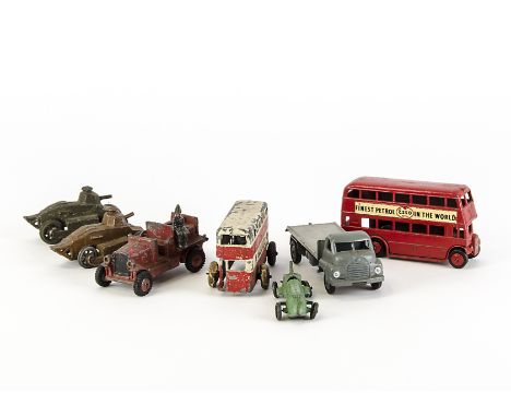 1930s-50s Diecast, Automec Bedford Flat Bed Truck, Johillco Tank, similar Mimictoy Charbens Tank, Johillco General Bus, Fire 