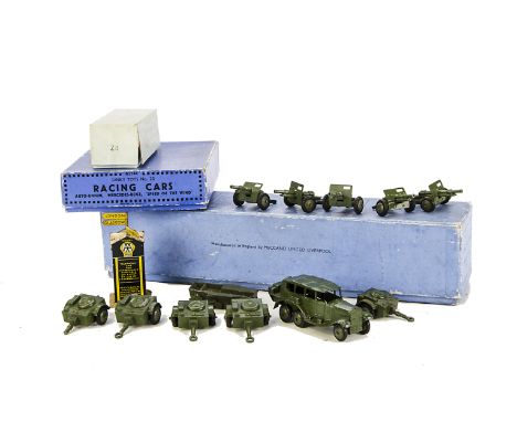 Pre-War Dinky Toys, 44a AA Tinplate Phone Box, 152b Reconnaissance Car, 162b Ammunition Trailer (5), 162c 18 Pounder Gun (5),