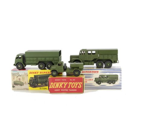 A Dinky Supertoys 689 Medium Artillery Tractor, 622 10-Ton Army Truck, 643 Army Water Tanker, in original boxes, E, boxes F-E