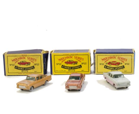 Matchbox 1-75 Series No.22b Vauxhall Cresta, three examples, first light gold, SPW, second light grey, lilac panels, SPW, thi