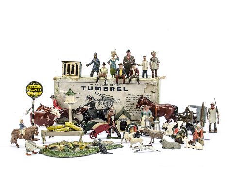 Lot of mainly Britains pre WW2 lead farm items, boxed 4F Tumbrel, mounted hunt (2), and hounds (6), Hilco pond with ducklings