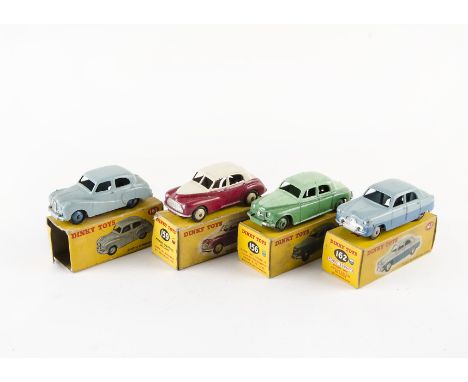 A Dinky Toys 159 Morris Oxford, two-tone issue, cream upper body, cerise lower, beige hubs, 156 Rover 75 Saloon, two-tone gre