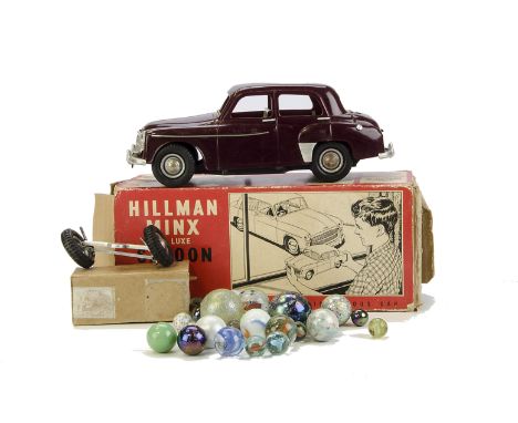 A Victory Models Hillman Minx De Luxe Saloon, 1/18 plastic battery operated vehicle, dark maroon body, tan tinplate interior,