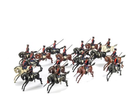 Britains 10th Bengal Lancers from set 63 Indian Army Cavalry Display, 3 officers, 2 buglers, 12 lancers, 1 marked, remainder 