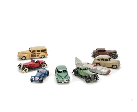 Dinky Toy Cars, 40e Standard Vanguard, fawn body and hubs, 38f Jaguar SS100, dark blue body, 222 Streamlined Racing Car, 40g 