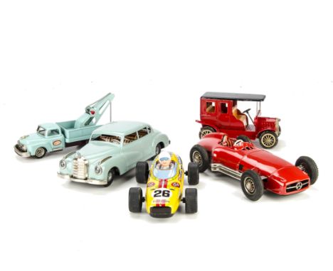 Various 1960s Japanese Tinplate Toy Cars: red MB Racing Car with steering, light blue MB Saloon Car, both 245mm long, SSS San