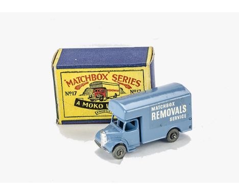 A Matchbox 1-75 Series No.17a Bedford Removals Van, light blue body, MW, silver trim, in original type B box, E, axle ends ru