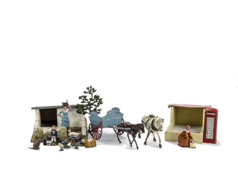 Britains 100F Pigsty and another wooden shed by unknown maker, with a lot of lead farm animals and people, 3 carts, mostly Br