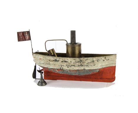 An Ernst Plank Steam powered Tinplate Boat, with white and red hull, simple steam engine with small copper boiler, piston and