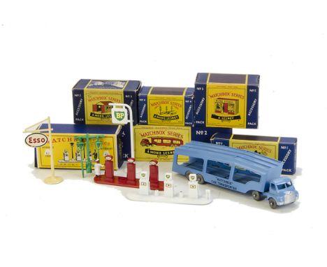 Matchbox 1-75 Series Accessory Packs, No.1 Esso Petrol Pump Set, A1b BP Petrol Pump, No.2 Car Transporter, MW, No.3 Garage, N