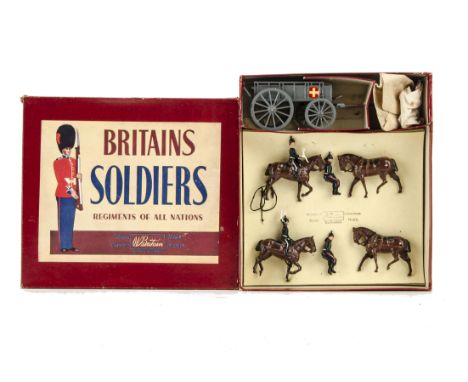 Britains set 145 Royal Army Medical Corps Ambulance Wagon, in ROAN box, VG in G box
all pieces complete with slight tarnishin