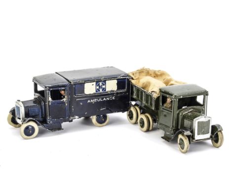 Britains square nose lorries, Corporation Ambulance and 10 wheel army lorry, with drivers, P-F (4)
