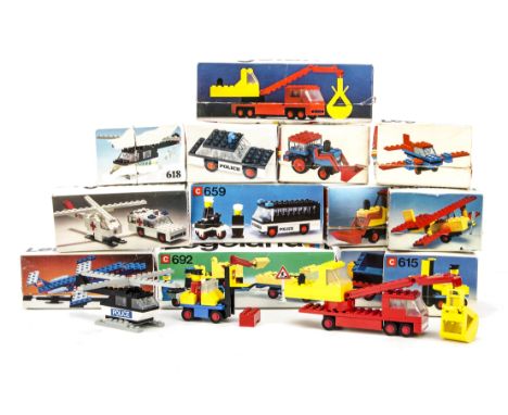 1970s Lego small Vehicle and Aircraft models: 604 Digger, 611, Police Car, 612 Tipper Lorry, 614 Digger, 615 Fork Lift, 659 P