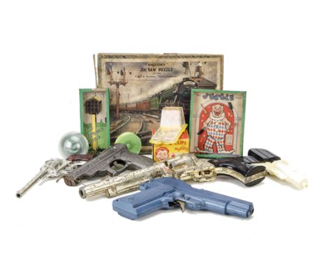 Various 1960s Toy Guns and Games: Plastic, Dibro Flash Guard, HK spud gun?, Metal, Lone Star Range Rider MK11 and Crescent Ru