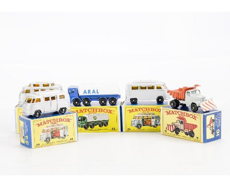 A Matchbox Series No.32c Leyland ‘ARAL’ Tanker, silver base, No.34c Volkswagen Camper, three examples, all silver body, two l