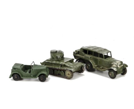 Pre & Post-War Military Dinky Toys, pre-war 152c Austin Seven, post-war 152a Light Tank, 152b Reconnaissance Car, early post-