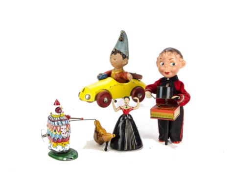 A Max Carl Clockwork Magician, tinplate and celluloid construction, G, Chad Valley wooden Noddy’s Car, F, TPS Japan tinplate 