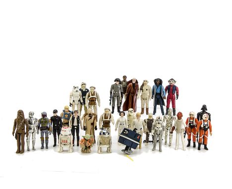 Vintage Star Wars Figures, including Darth Vader, Boba Fett, Luke Bespin Fatigues, Yoda, Chewbacca, Dengar, Obi-Wan, Death Sq