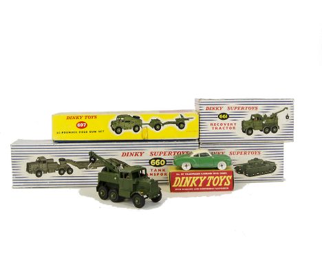 Military Dinky Toys, 660 Tank Transporter, 651 Centurion Tank, 661 Recovery Tractor, 697 25-Pounder Field Gun Set and 187 Vol