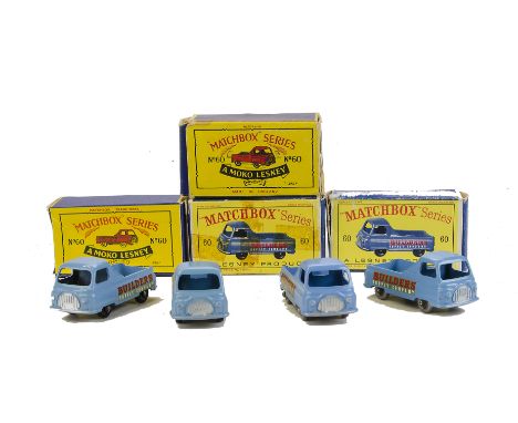 Matchbox 1-75 Series No.60a Morris J2 Pick Up, four examples, all light blue body, first GPW, second SPW, third BPW, fourth B