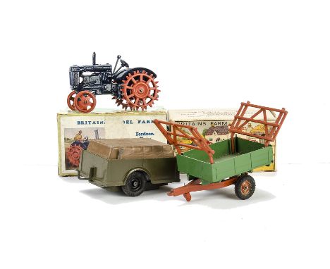Britains farm set 127F Spud wheel Fordson tractor, VG in F box, 130F tipping trailer G in P box, with military version clockw