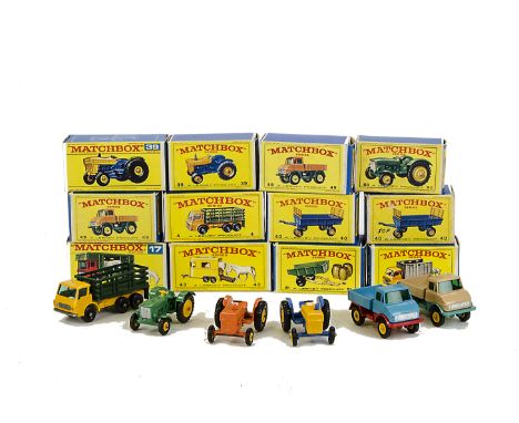 1960s Matchbox Series Farm Vehicles, including No.39c Ford Tractor (2), one orange, No.49b Unimog (2), differing colours, No.