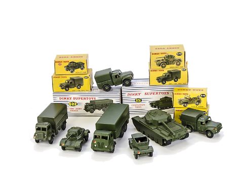 Military Dinky Toys, 641 Cargo Truck (2), 673 Scout Car, 670 Armoured Car, 622 10-Ton Army Truck, 651 Centurion Tank, in orig