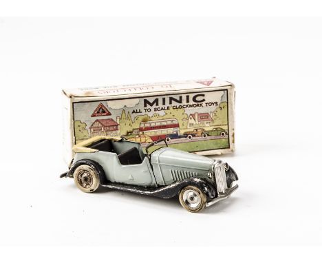 A Tri-ang Minic 15M pre-war Sports Streamline Saloon, in light blue, in original box, F-G, paint loss to wheel arches, windsc