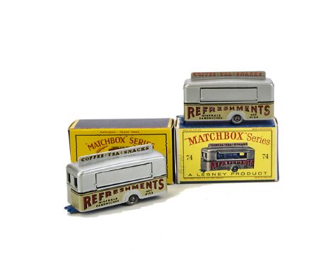 Matchbox 1-75 Series No.74a Mobile Canteen, two examples, both silver body, first light blue base, SPW, second dark blue base