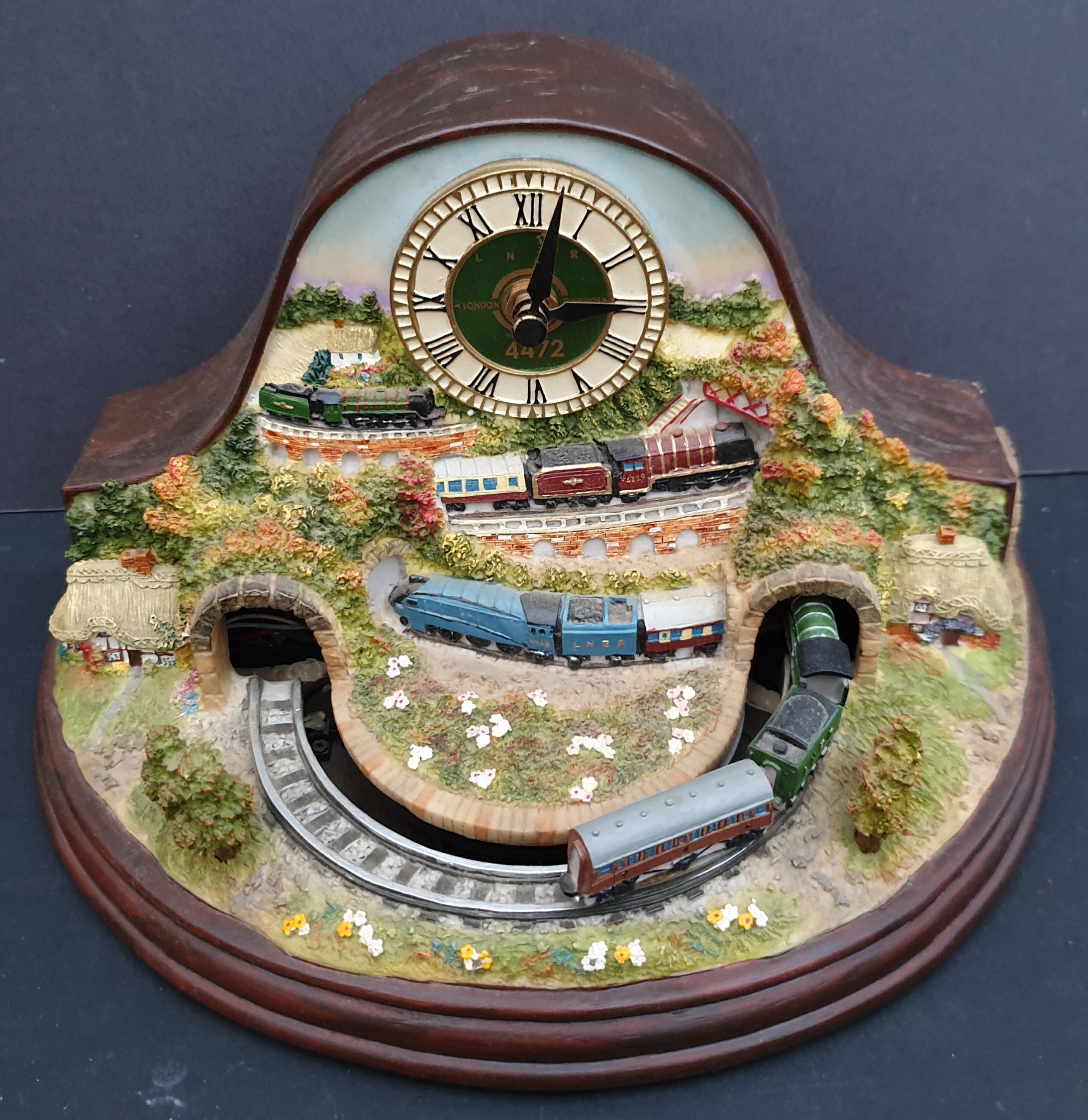 Vintage Collectable Novelty Train Clock On the hour trains appear . Measures 10 inches wide by 6