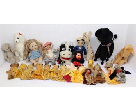 Bears: A collection of over twenty assorted vintage plush toys, puppets and various animals, Sooty, Sweep and Mickey Mouse in