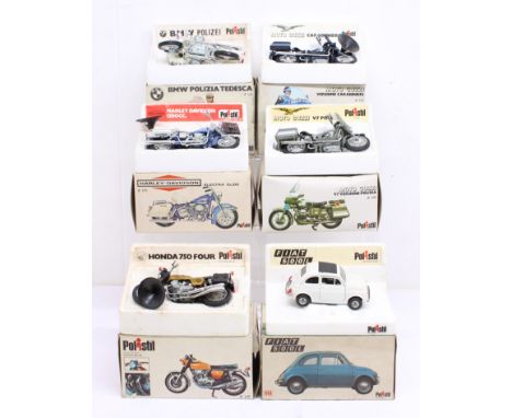 Polistil: A collection of six boxed Polistil diecast vehicles to include: Fiat 500L, BMW Polizie Tedesca, Harley-Davidson, Mo