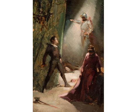 JOSÉ GARNELO Y ALDA (Enguera,1866 - Montilla, 1944)"Death of Polonius", 1885-1886.Oil on paper glued to cardboard.Signed and 