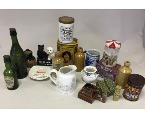 ASSORTED CERAMICS/GLASS/TINS. Mixed lot of ceramics and collectibles to include: ceramic/stone jars from John Dutton Manchest