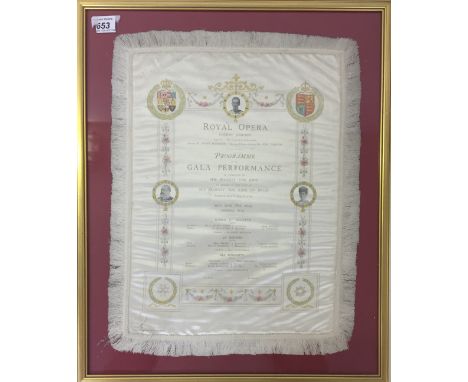 ROYAL OPERA HOUSE 1906 SILK PROGRAMME. A framed Royal Opera house silk programme from a 1905 performance with Nellie Melba, E