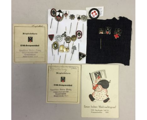 THIRD REICH ENAMEL PIN BADGES. To include: three Red Crosses, one female Red Cross helper, 17 assorted badges, three cards.