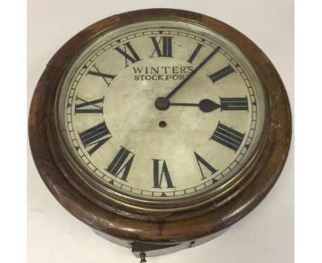 WINTER'S STOCKPORT WALL CLOCK. An eight sectional wire fusee clock made by Winter's of Stockport. Face approx 30cm diameter. 