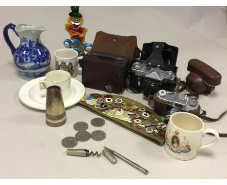 COLLECTABLES - RUSSIAN CAP WITH ENAMEL BADGES, BOX BROWNIE/COINS/CAMERAS ETC. Assorted collectibles to include Russian milita