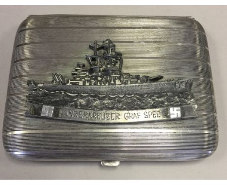 THIRD REICH CIGARETTE CASE. Silver cigarette case displaying a depiction of the battleship Graf Spee, inscribed to inner lid 