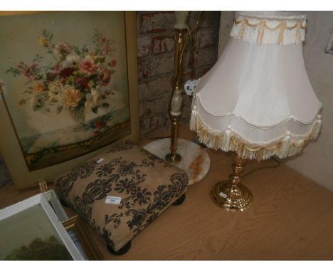 brass table lamp, onyx lamp and fire screen etc