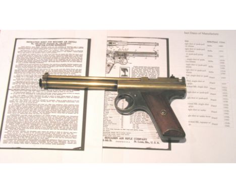 A rare early Benjamin .177 brass bodied air pistol model 177 named the “Benjamin Franklin”.
The 177 push-pull pump up pistol 