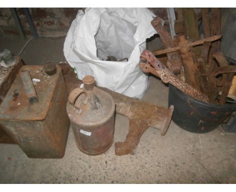 cast iron water pump, petrol cans and gate hinges etc
