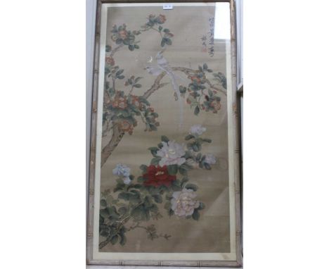 A 20TH CENTURY CHINESE PAINTING ON FABRIC 'Exotic birds upon a blossom branch', peonies in the foreground, 97cm x 48cm, with 