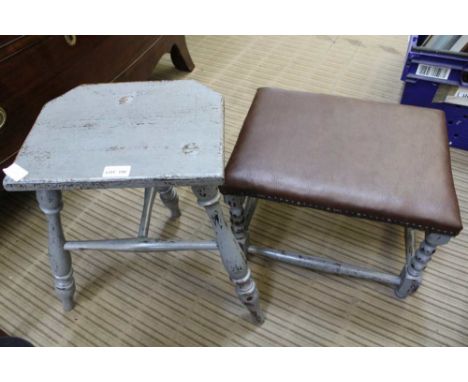 TWO DISTRESSED PAINT EFFECT STOOLS, one three legged with solid top, the other bobbin &amp; block legged with later pad top 
