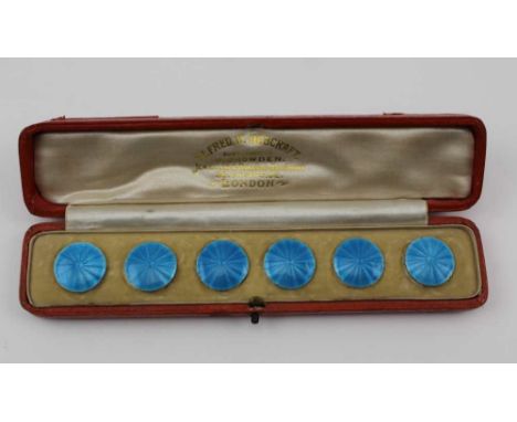 LAWRENCE EMANUEL, AN EDWARDIAN SET OF SIX SILVER & BLUE GUILLOCHE ENAMEL BUTTONS, 2cm in diameter, with ring backs, Birmingha